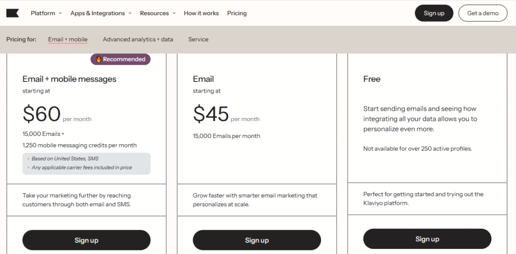 Klaviyo Pricing Page